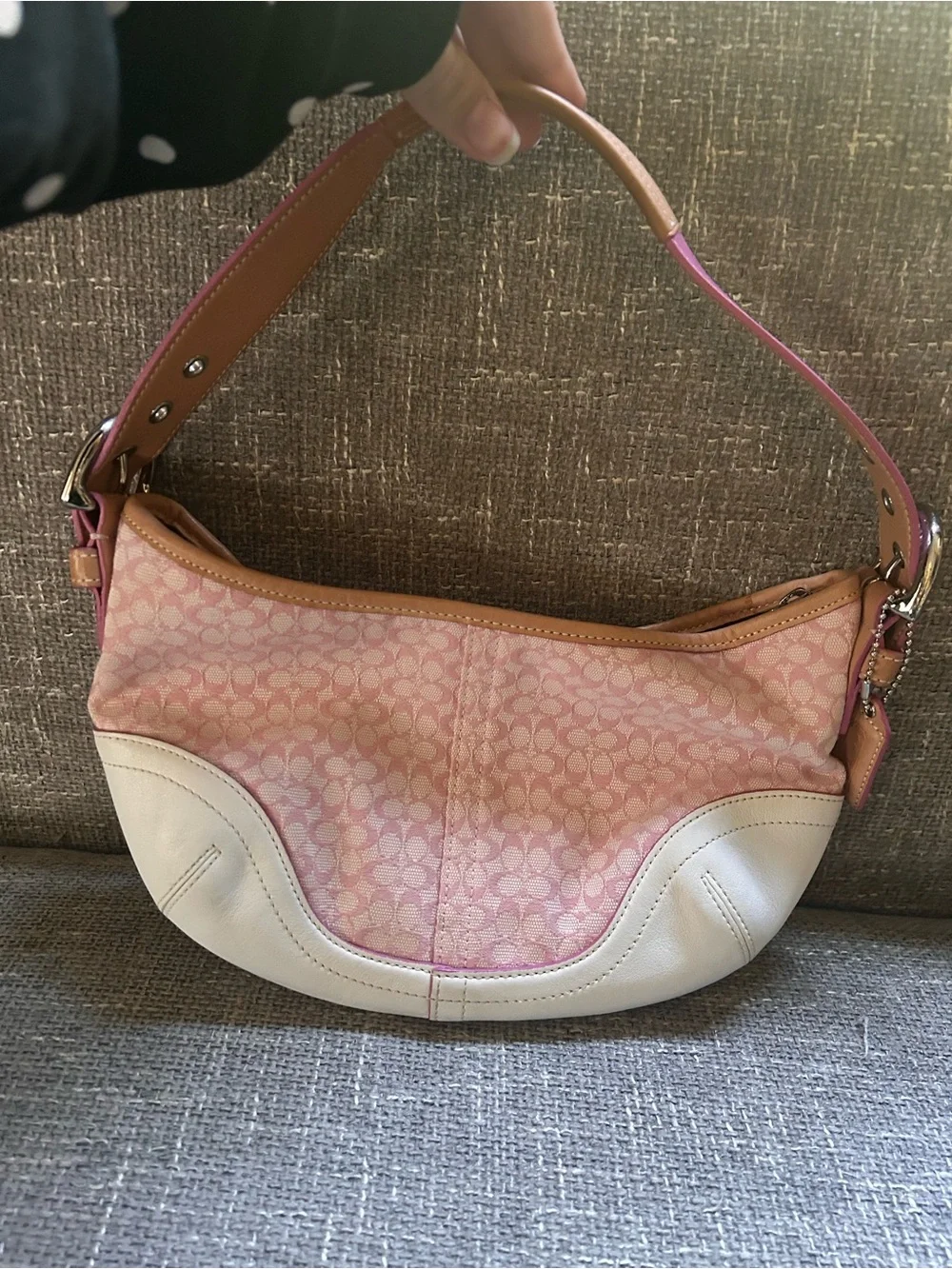 Coach Pink Signature Canvas Hobo with Cream Leather Trim